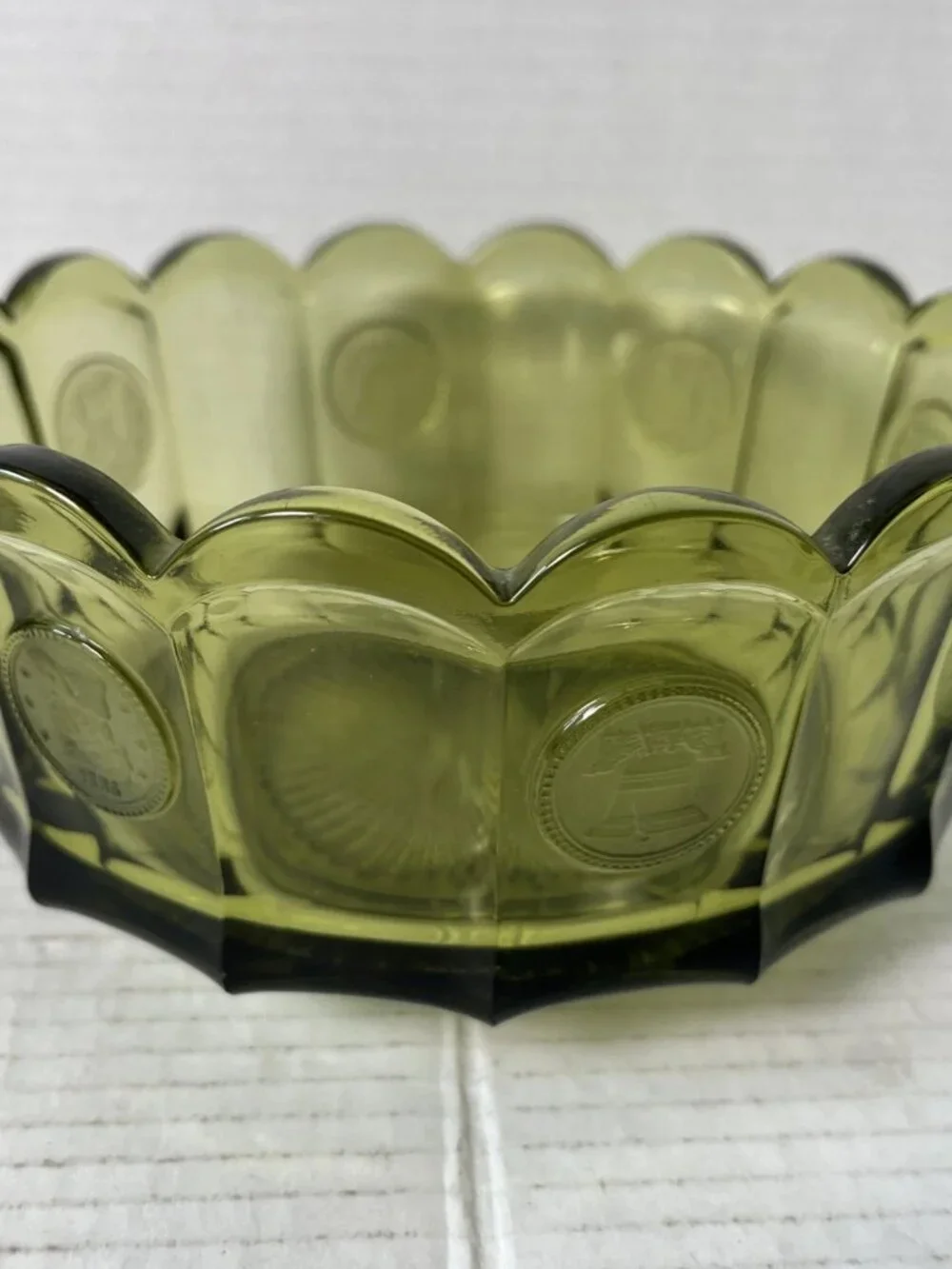 Vintage Fostoria Coin Glass Olive Green Large Bowl 7.25”